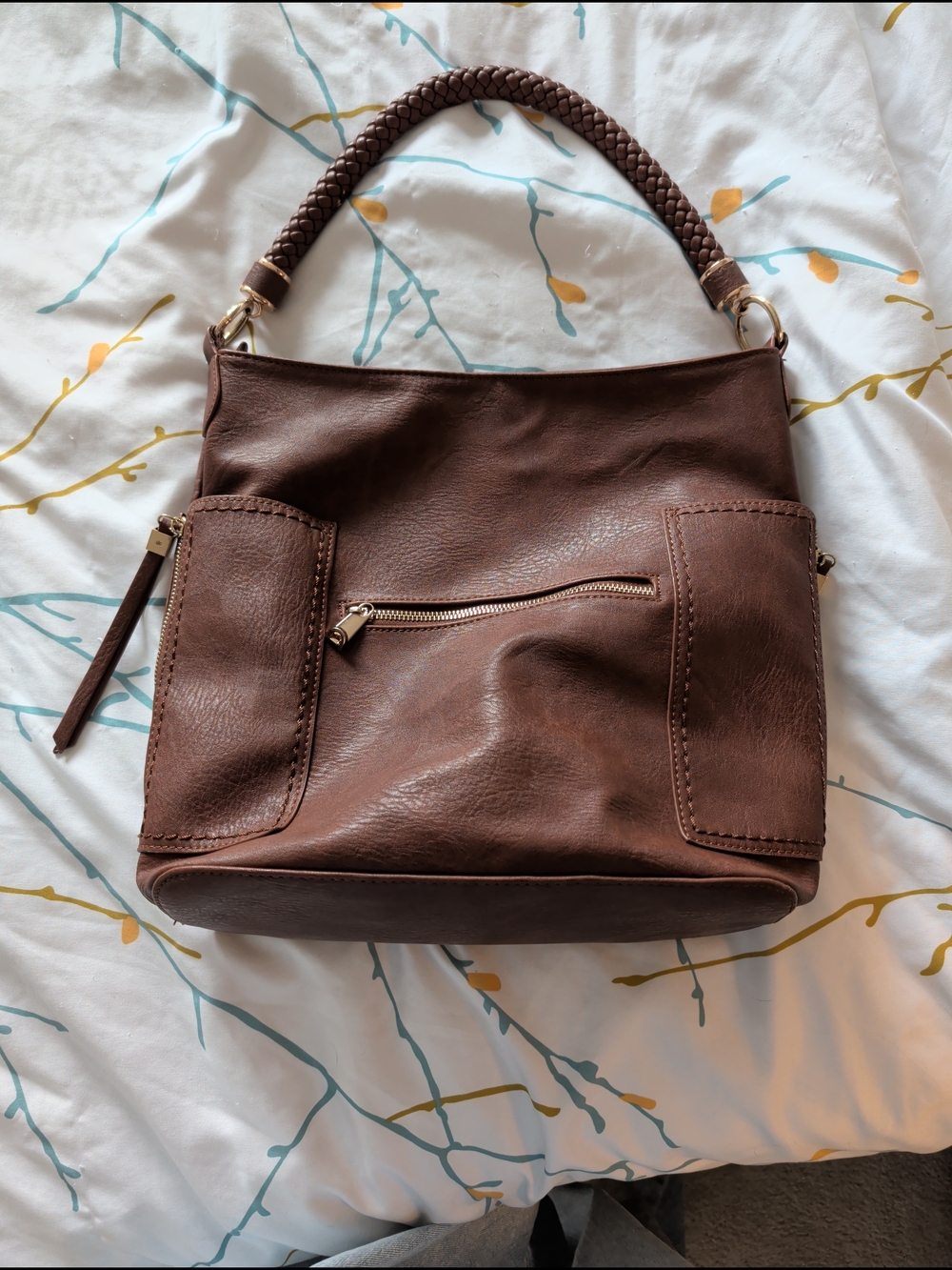 Miztique Braided-Handle Shoulder Bag in Brown with Gold Hardware